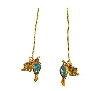Women's Bird Threader Pierced Earrings, Gold Tone with Artificial Blue Gemstone